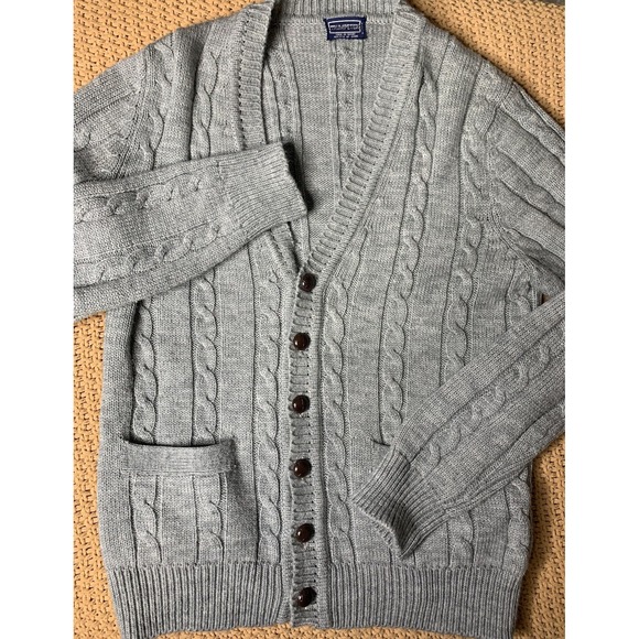 Mens L Gray Grandpa Cardigan  Trumpeter Button Down Cable Knit Sweater Cozy - Picture 1 of 6